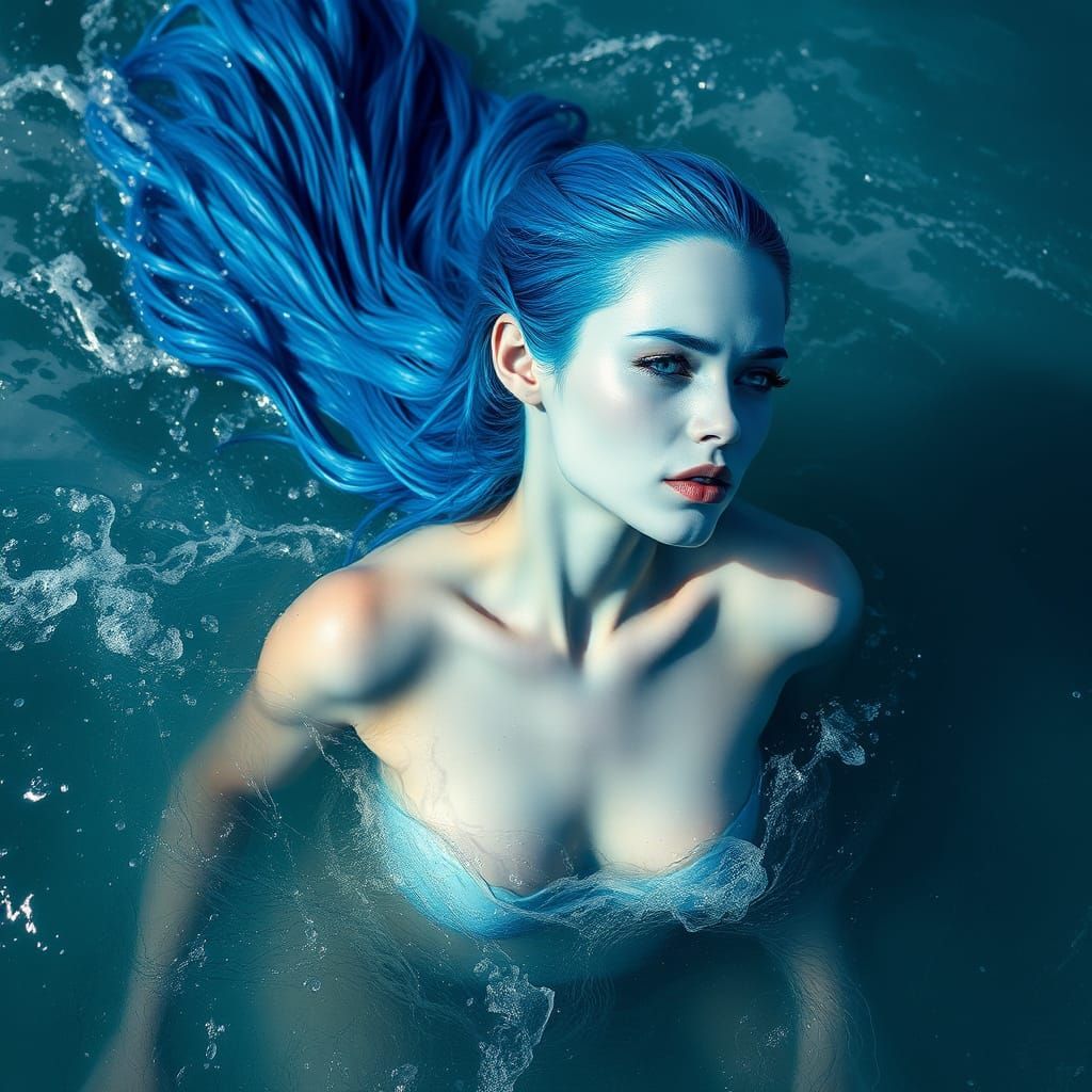 Mysterious Blue Mermaid Swims in Dawn Ocean Light