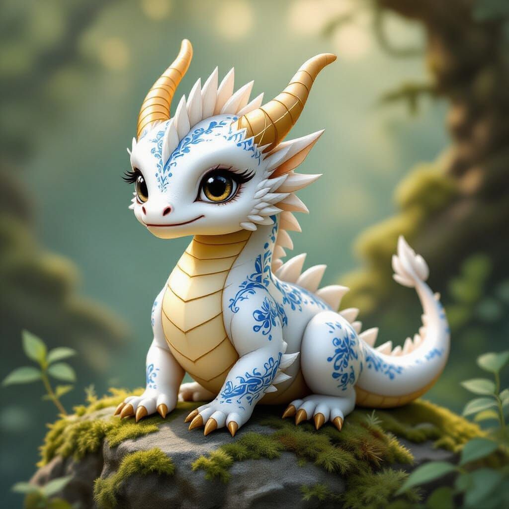 Cute Baby Dragon with China Blue Patterns and Gold Accents