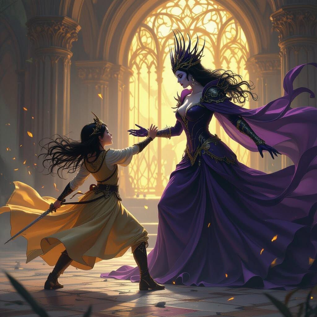Hero Girl Battles Dark Queen in Epic Fantasy Art