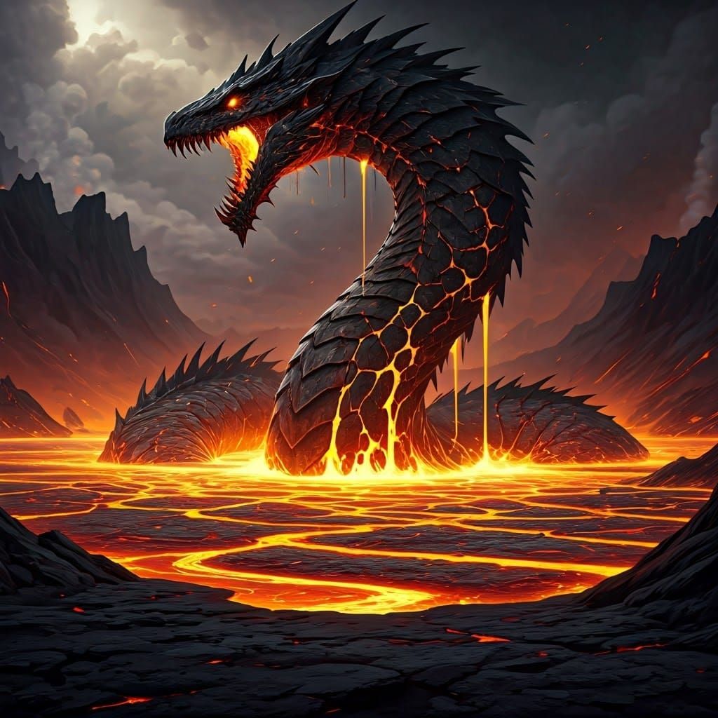 Colossal Lavareel Emerges From Lava Lake, Matte Painting