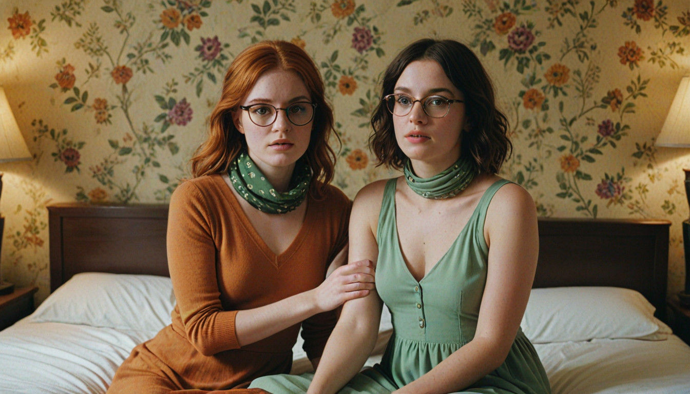 Two Women Share Tender Moments in Vintage Motel Room