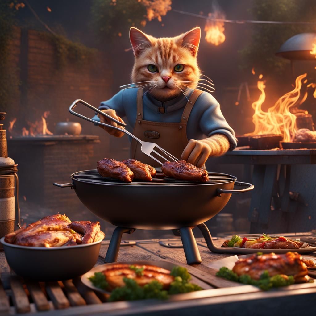 Detailed Cat BBQ in Fantasy Art Style