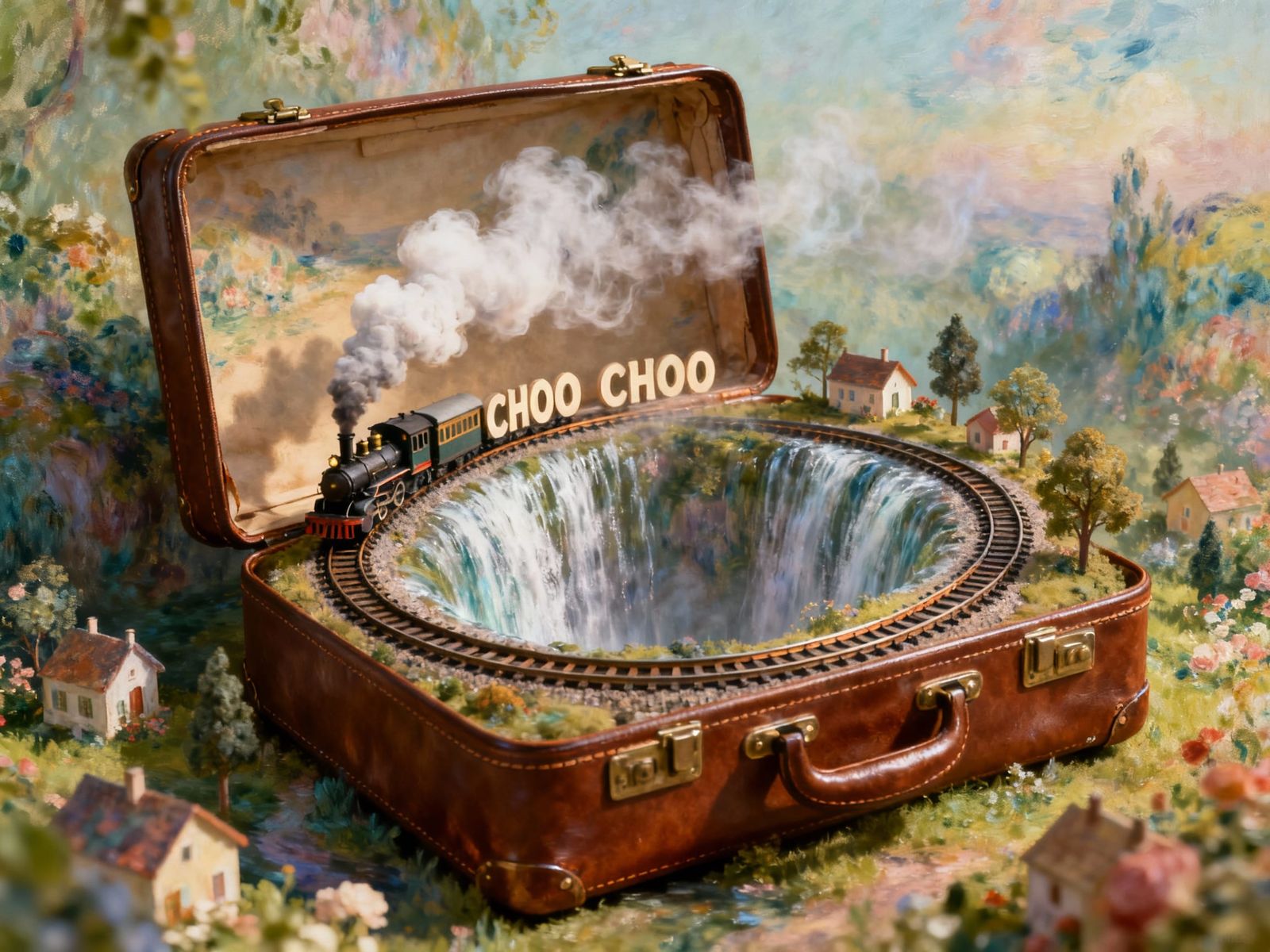 Miniature Steam Train Adventure Inside Leather Suitcase