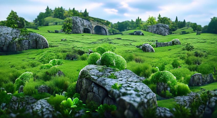 Lush Rolling Hills with Mossy Stone Walls