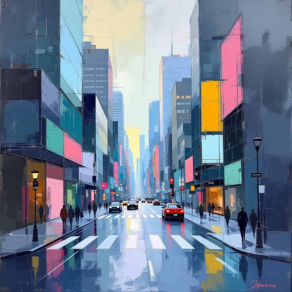 Geometric City Abstraction Painting with Vibrant Accents