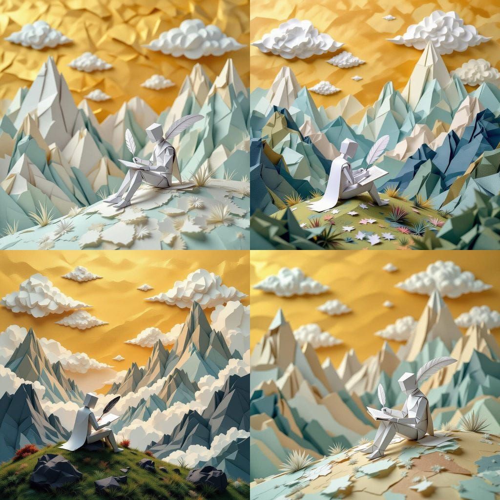 Surreal Paper World with Origami Mountains and Sepia Glow