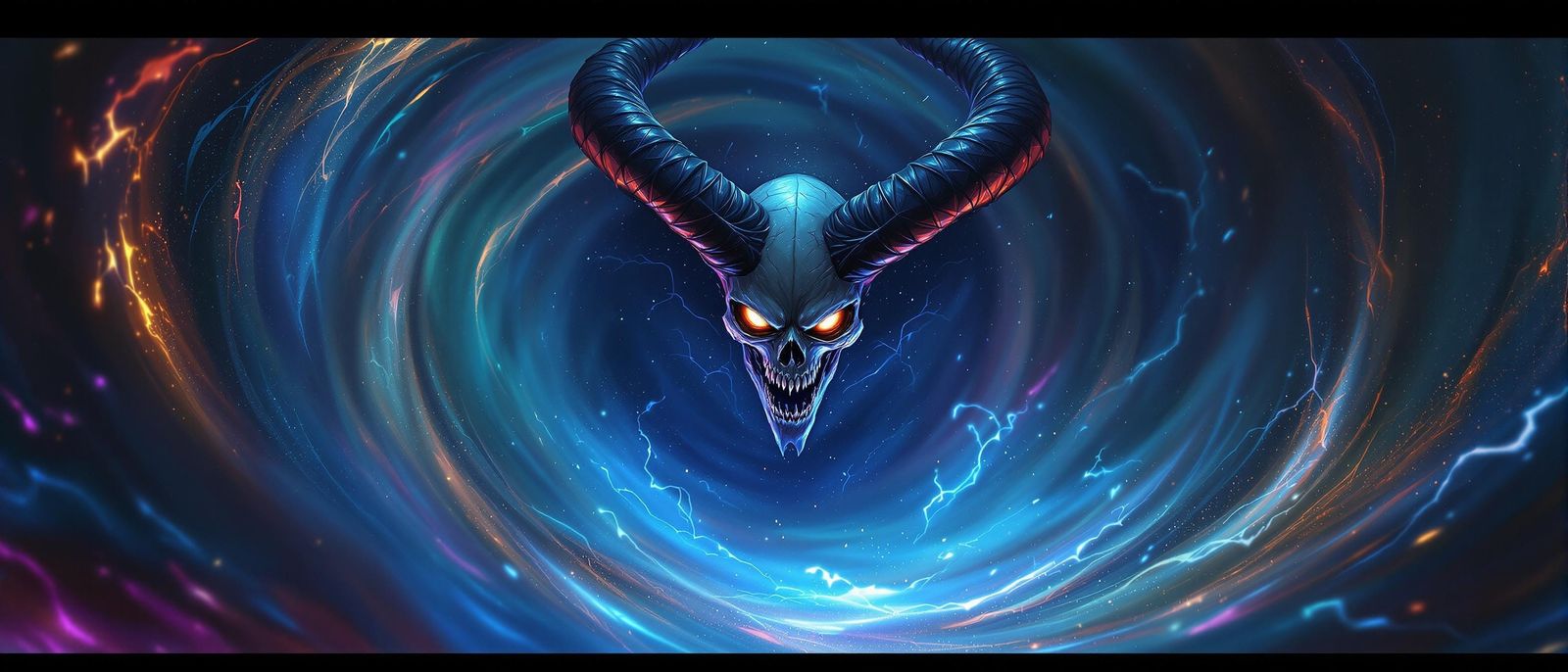A skull demon sorcerer levitates menacingly in a swirling vortex of dark energy.