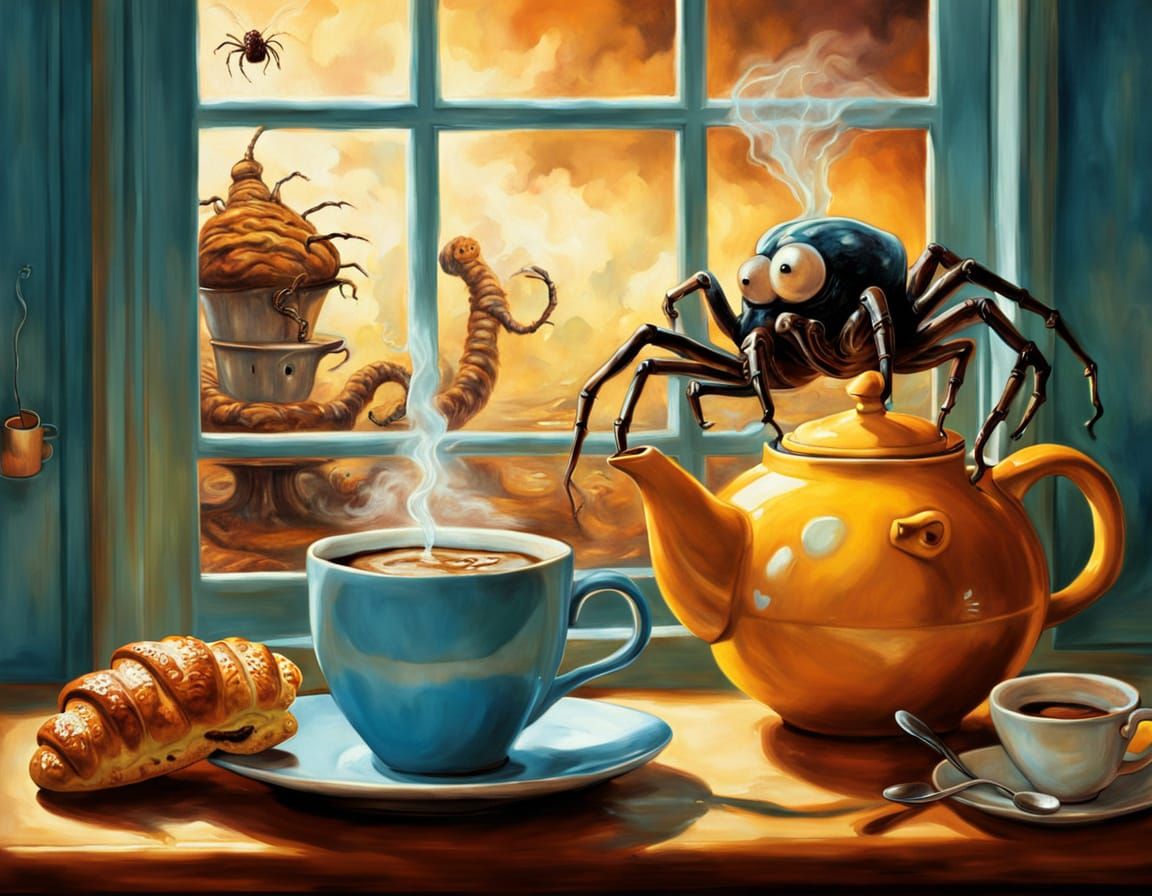 Terrified Teapot and Spider Croissant in Surreal Style