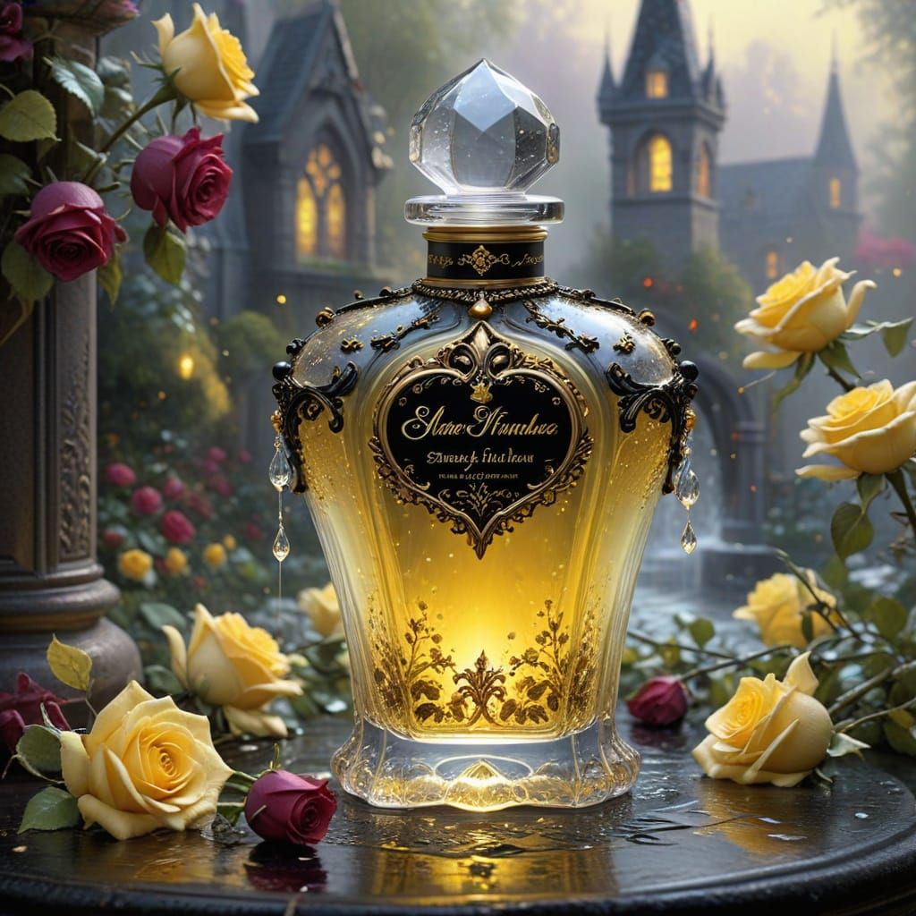 Gothic Perfume Bottle with Yellow Roses and Mist