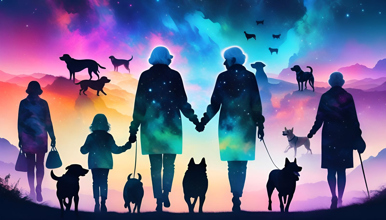Cosmic Dreamscape: Girl, Grandmother, and Dogs