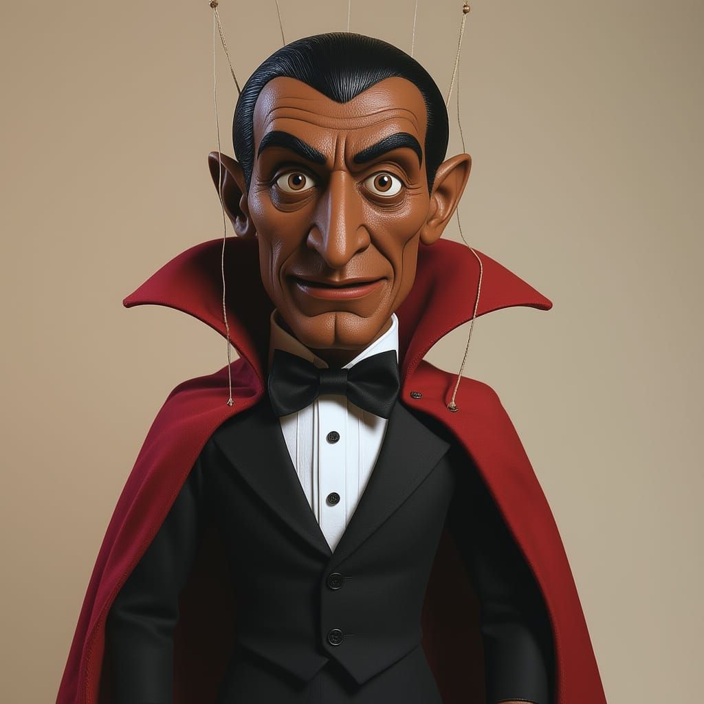 Realistic Dark Skinned Dracula Puppet with Red Cape
