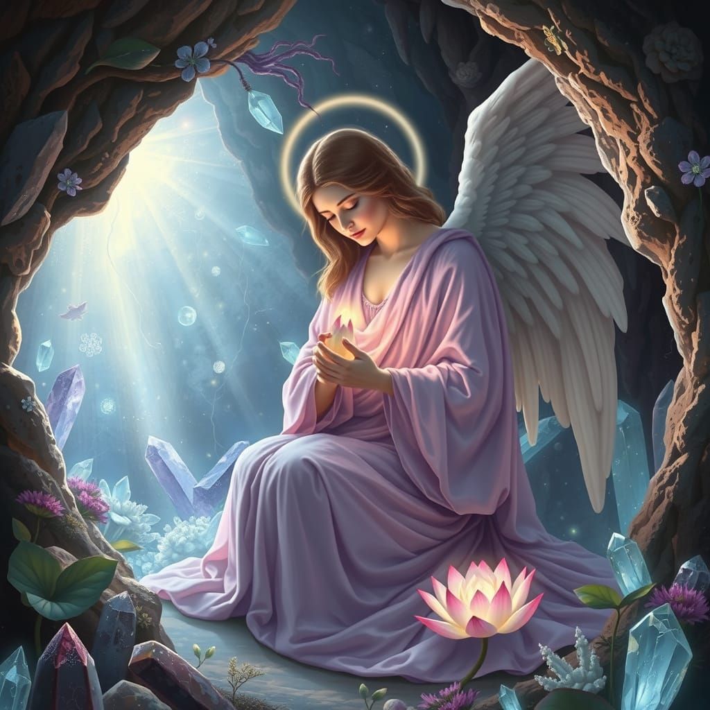 Serene Angel in Amethyst Robes Contemplates Lotus Blossom in...