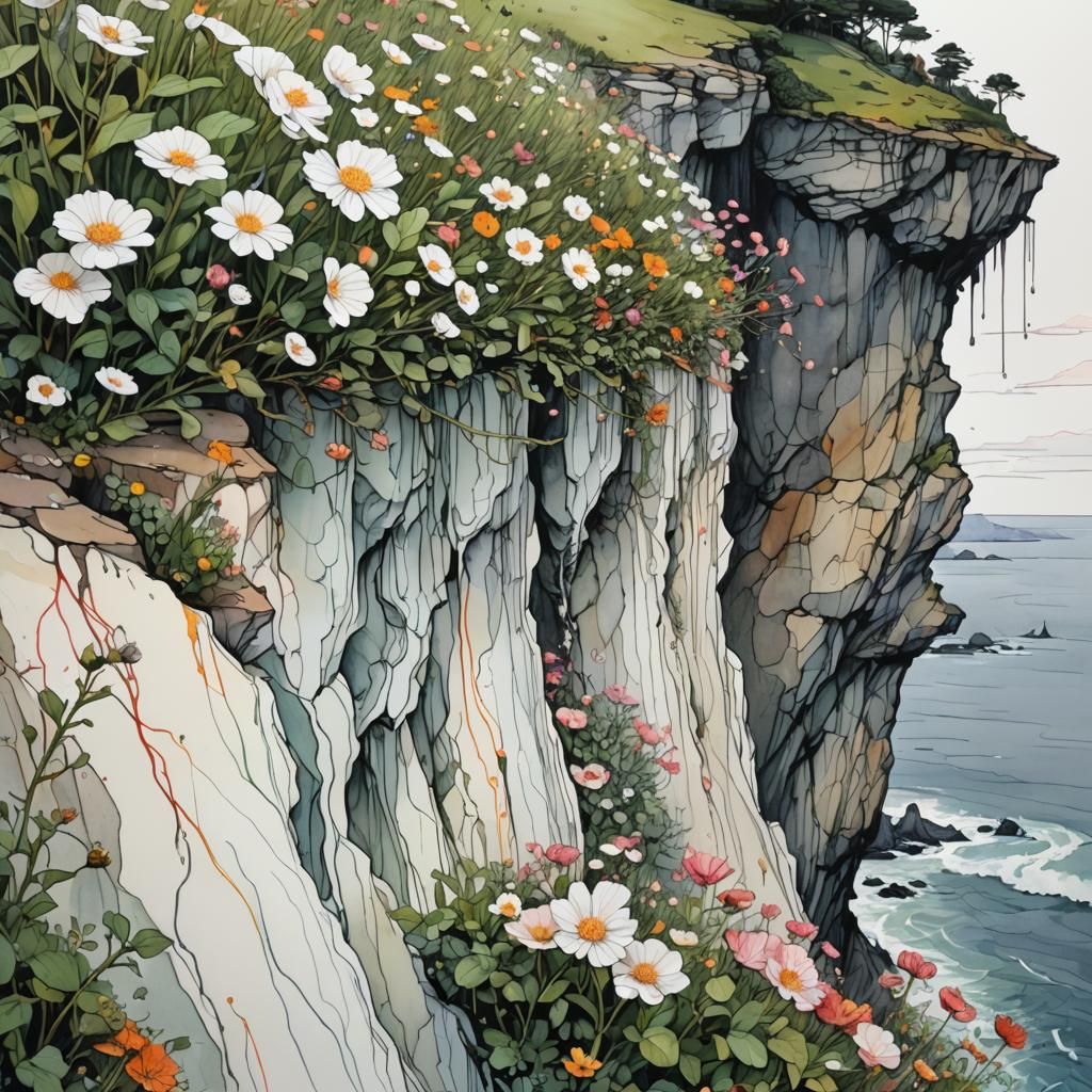 Flower Blooming on Cliff: Digital Hand-Drawn Illustration
