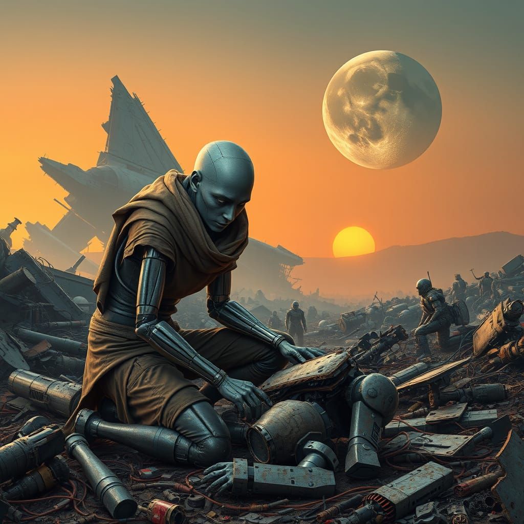 Cybernetic Android Amidst a Gritty Junkyard Landscape