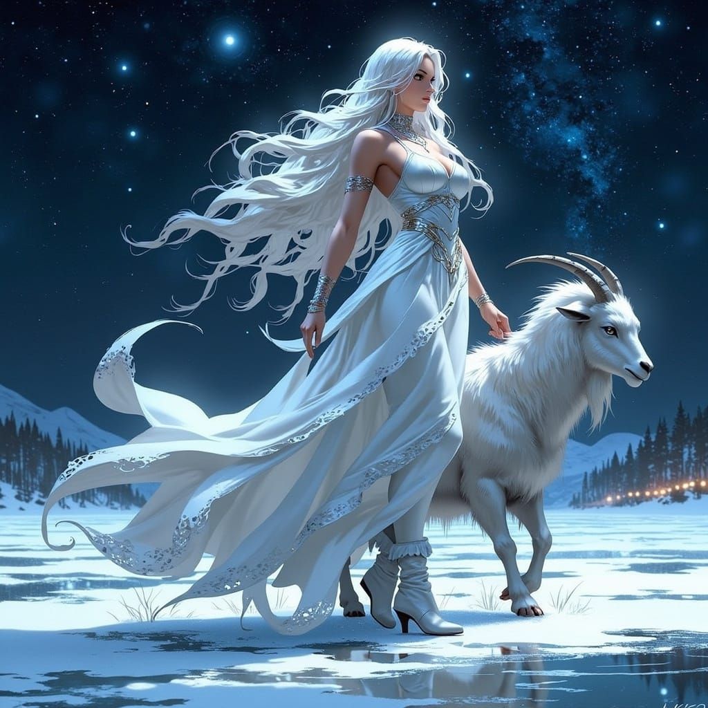 Regal Woman and Goat Under Capricorn Constellation
