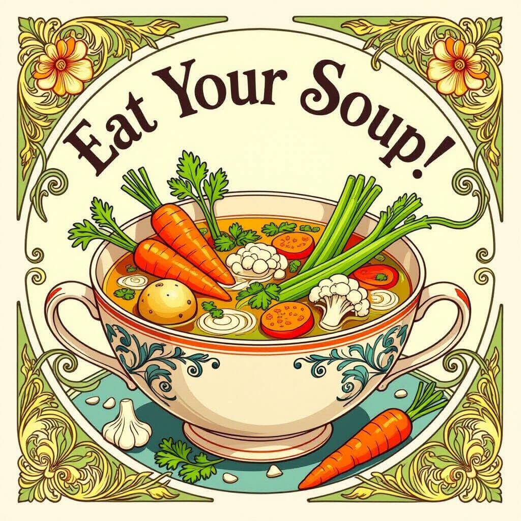Art Nouveau Soup Scene with Whimsical Motifs