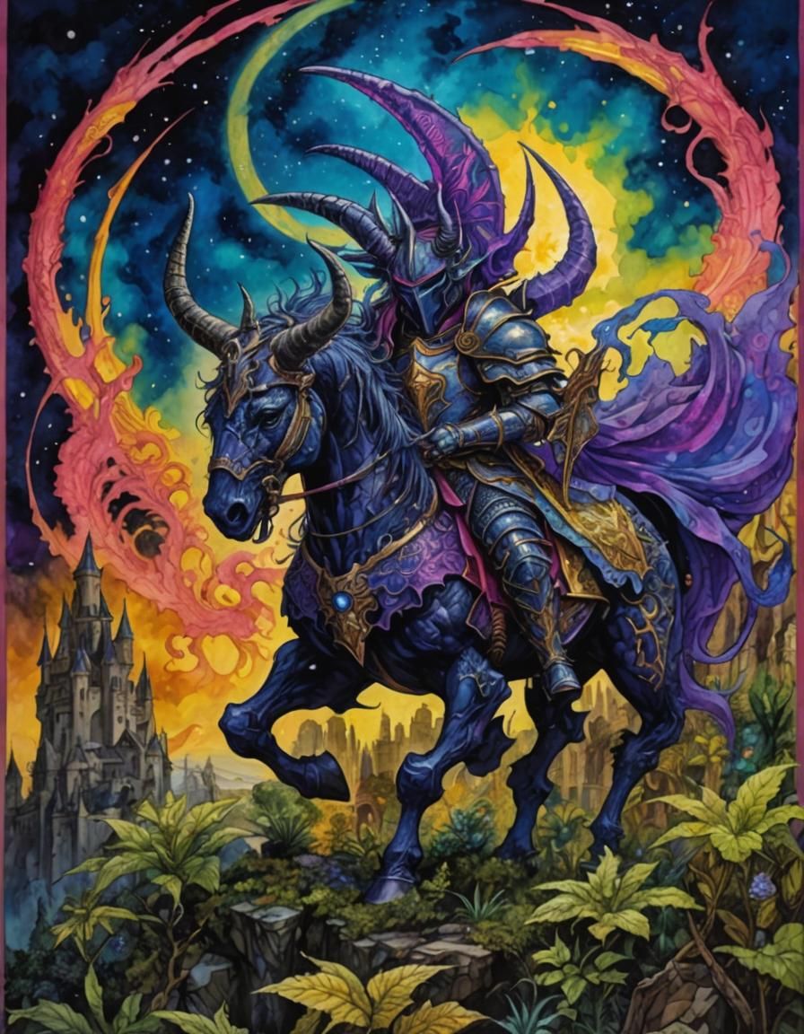 Epic Demon Knight in 80s Anime Style with Cosmic Atmosphere