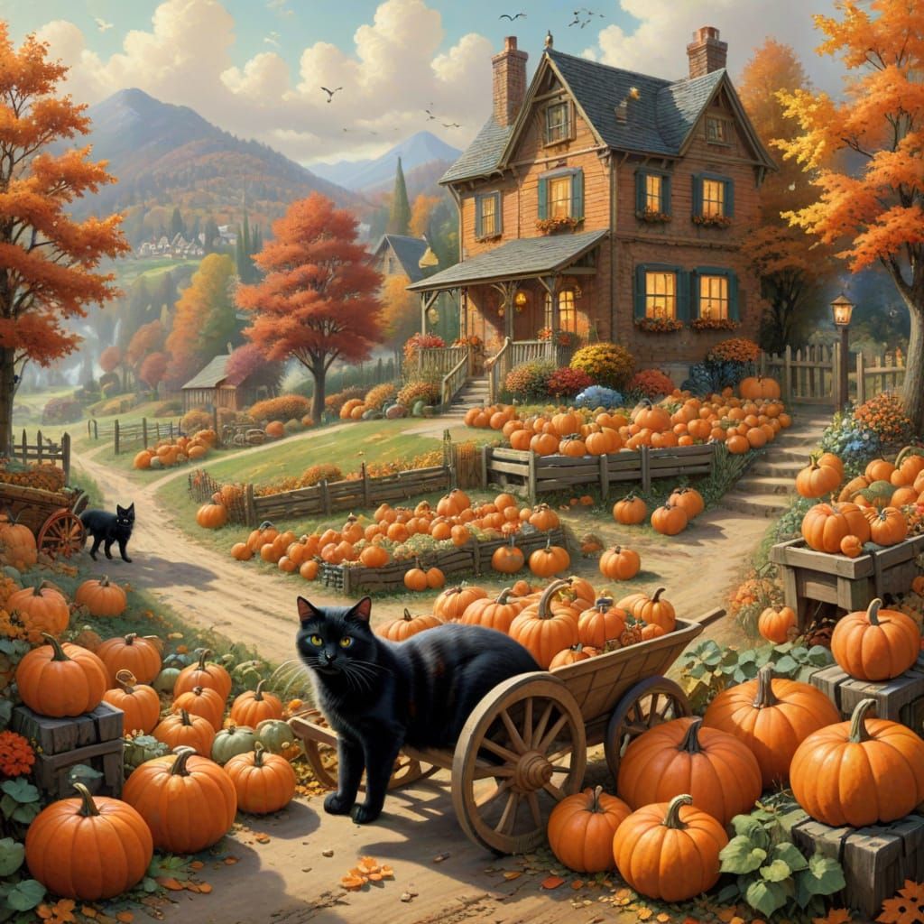 Autumn Pumpkin Patch with Black Cat