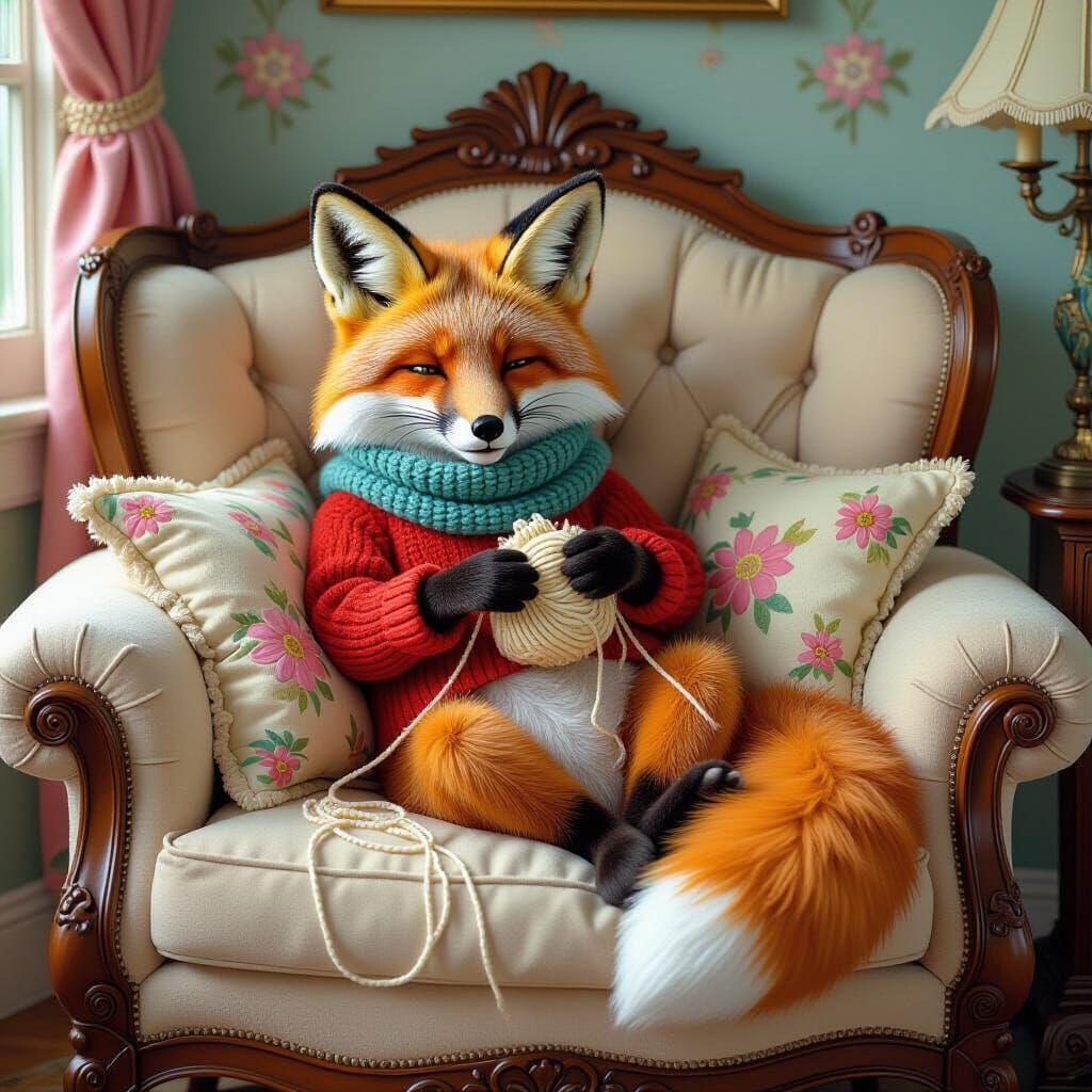 Fox Knitting on Sofa in Romanesque Style