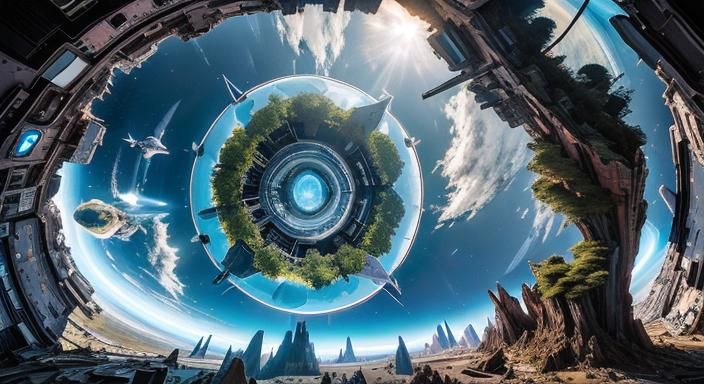 Surreal Spaceship Interior with Warped Landscape