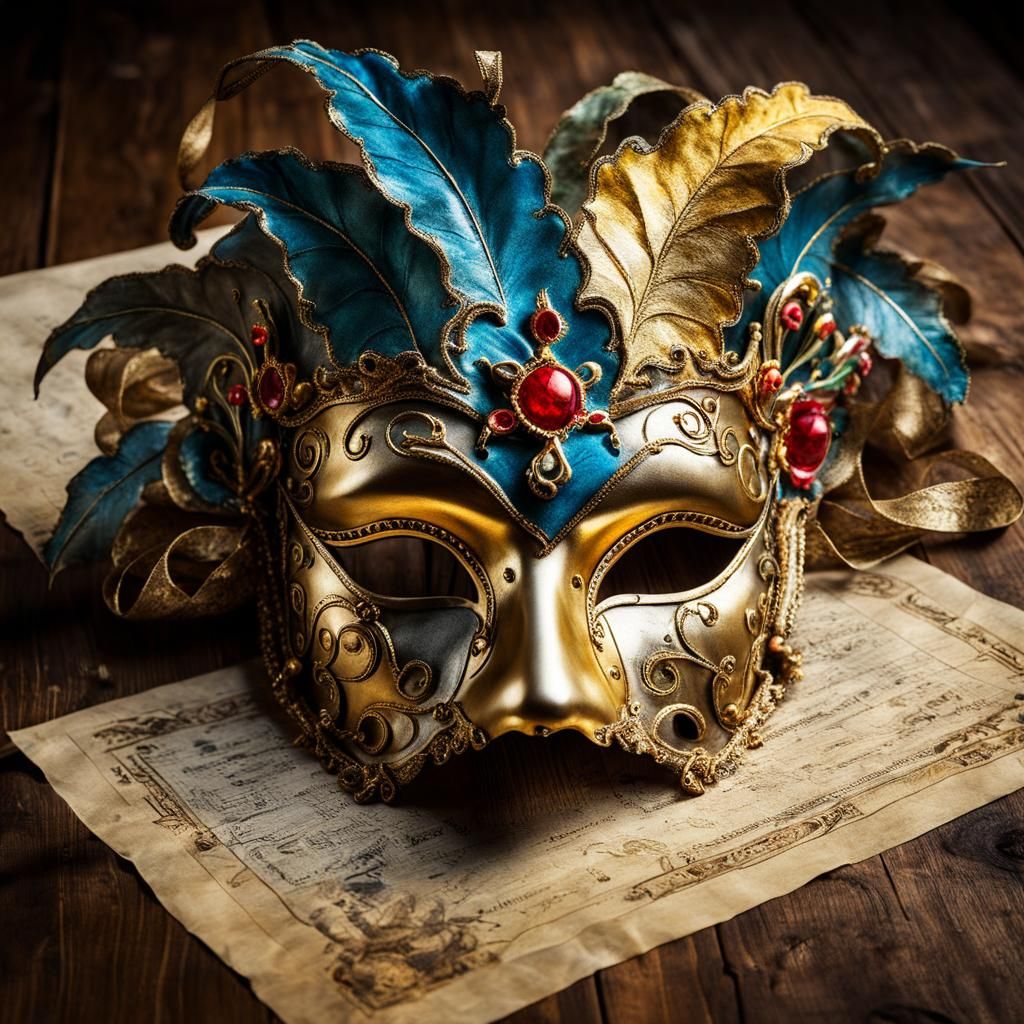 Detailed Venetian Mask on Parchment Document