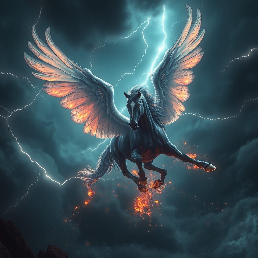 Epic Fantasy Stallion Soars Through Stormy Skies