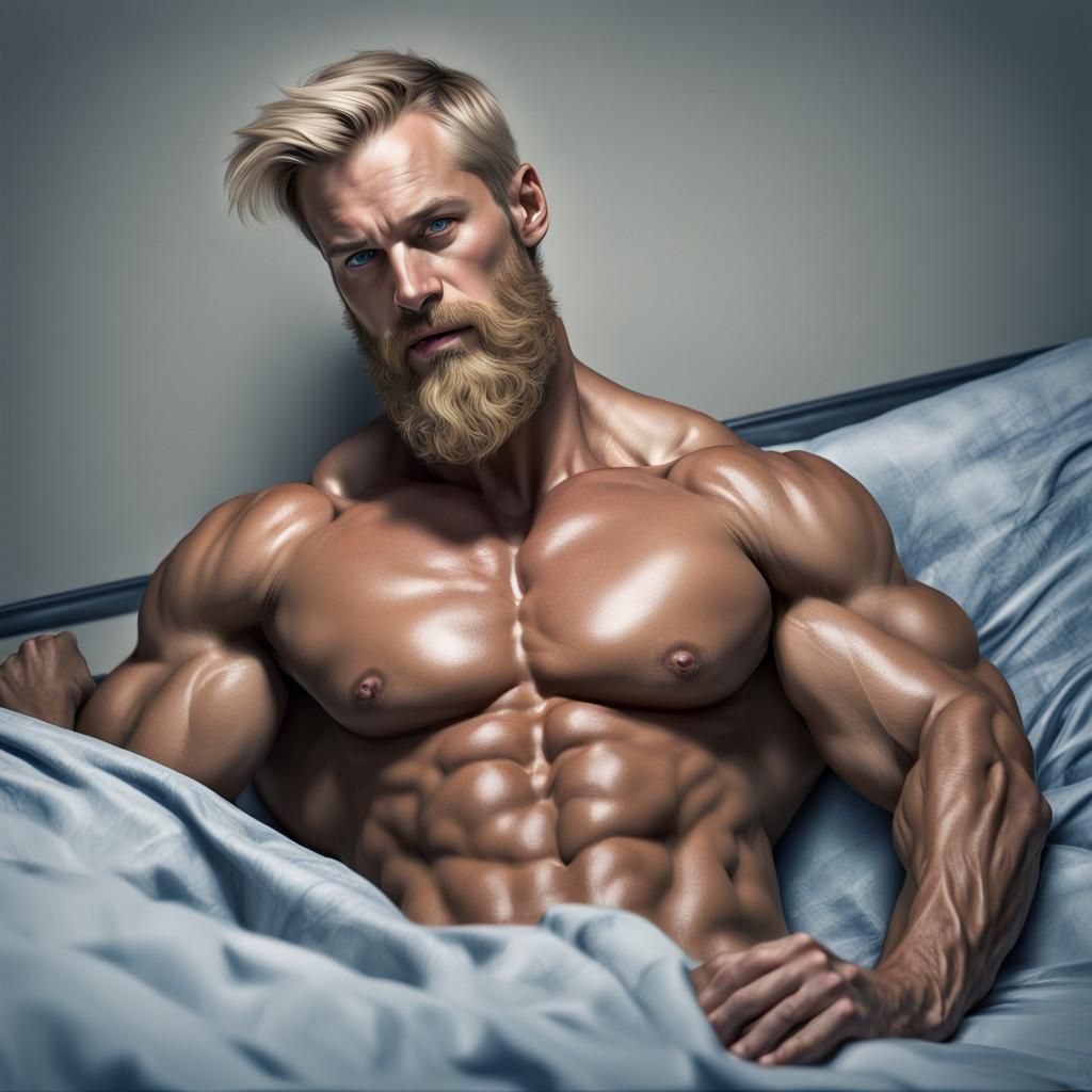 Hyperrealistic Bodybuilder Flexing in Bed Photograph