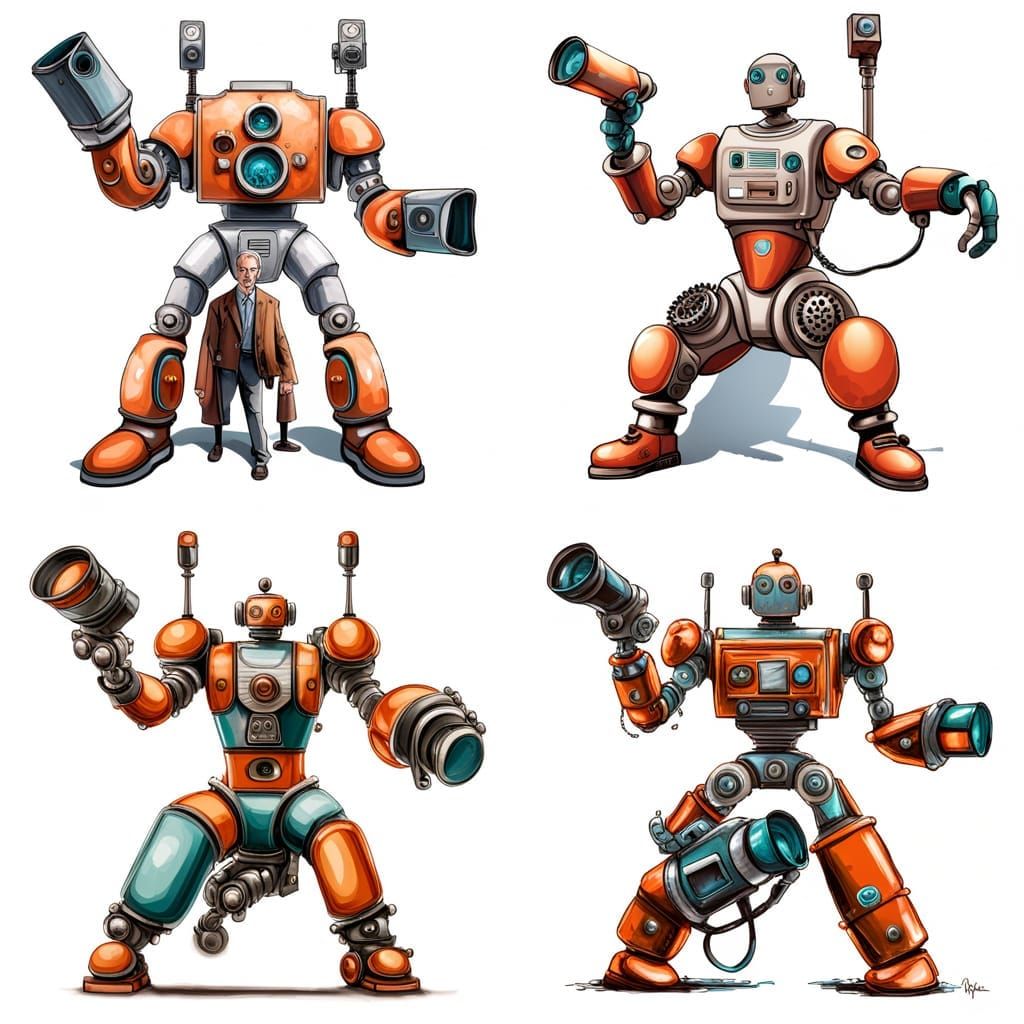 Futuristic Robot Paparazzi in Post-Apocalyptic Cityscape