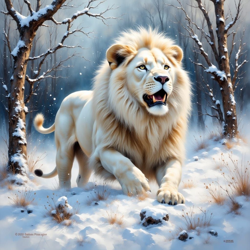Majestic White Lion in Winter Wonderland as Impasto Painting