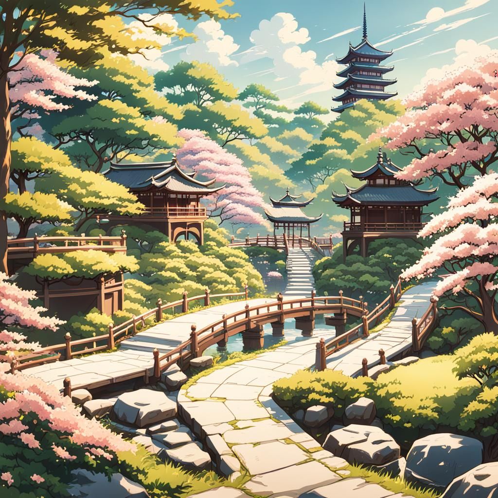 Lush Japanese Garden in Anime Key Visual Style