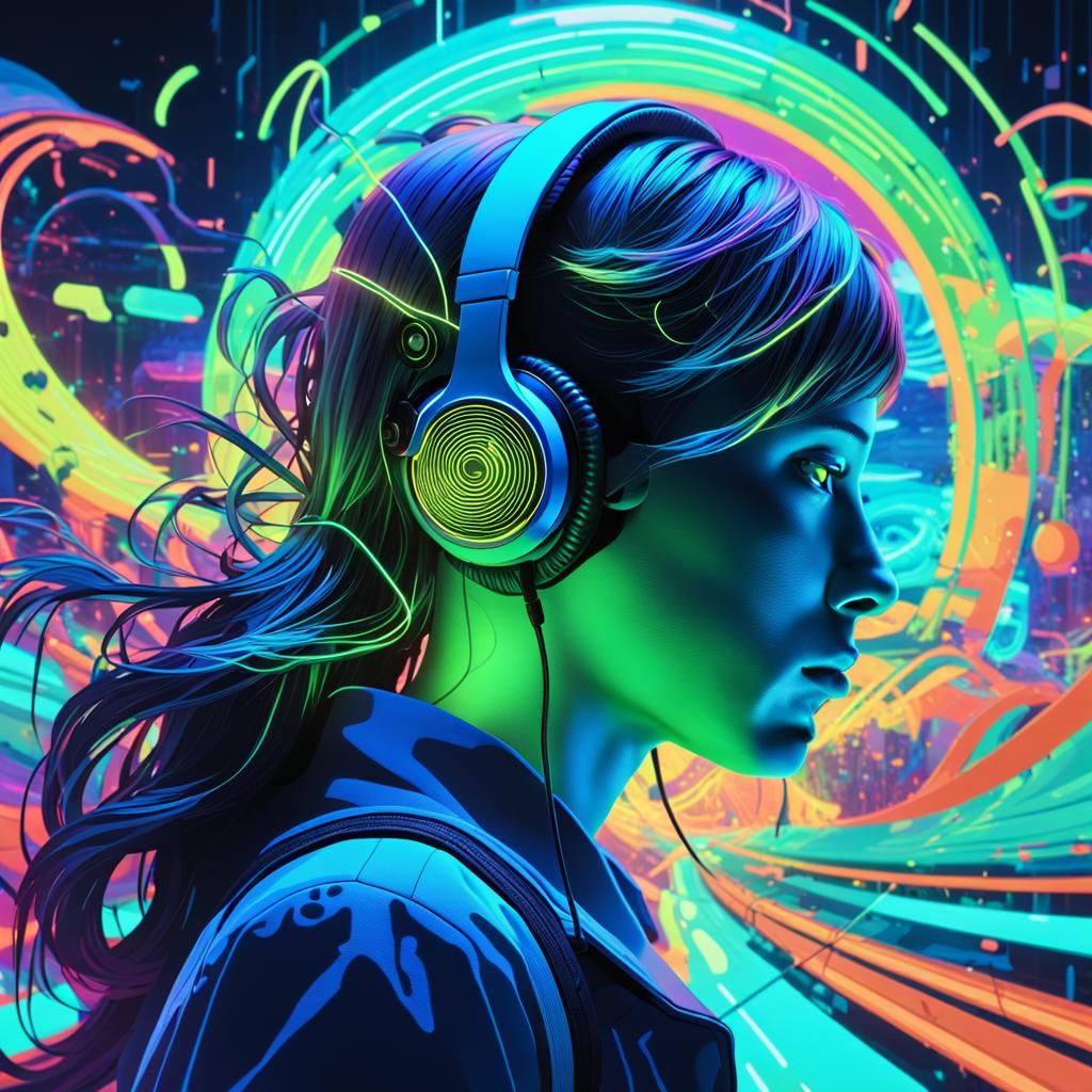 Psychedelic Futurism: Neon Headphones in Digital Landscape