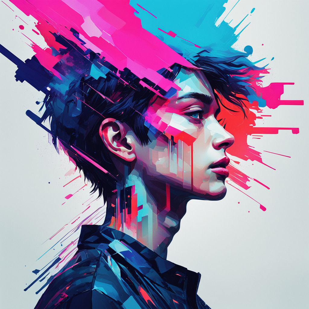 Glitch art, profile of child boy's face Vladanland complementary colors, vibrant colors, water color glitchcore warm col...
