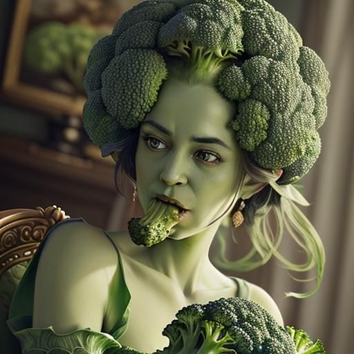 Ornate Broccoli Woman Eating Broccoli in Photorealistic Styl...