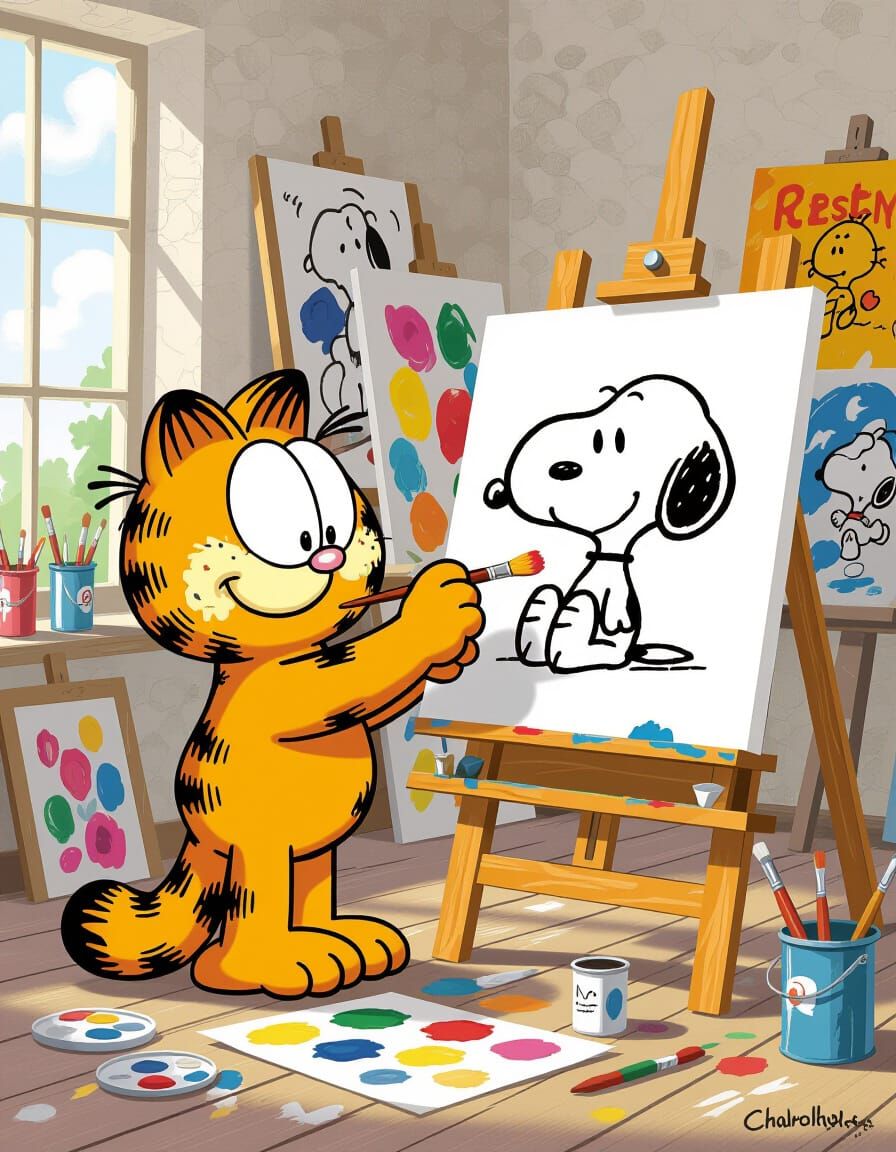 Garfield Painting Snoopy in an Art Studio