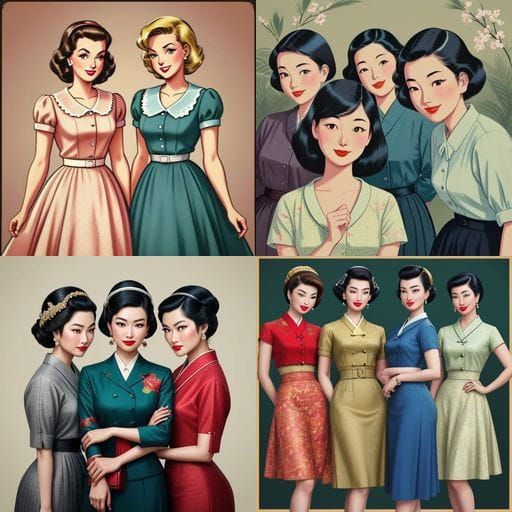 1950s Asian Women Posing in Vintage Style