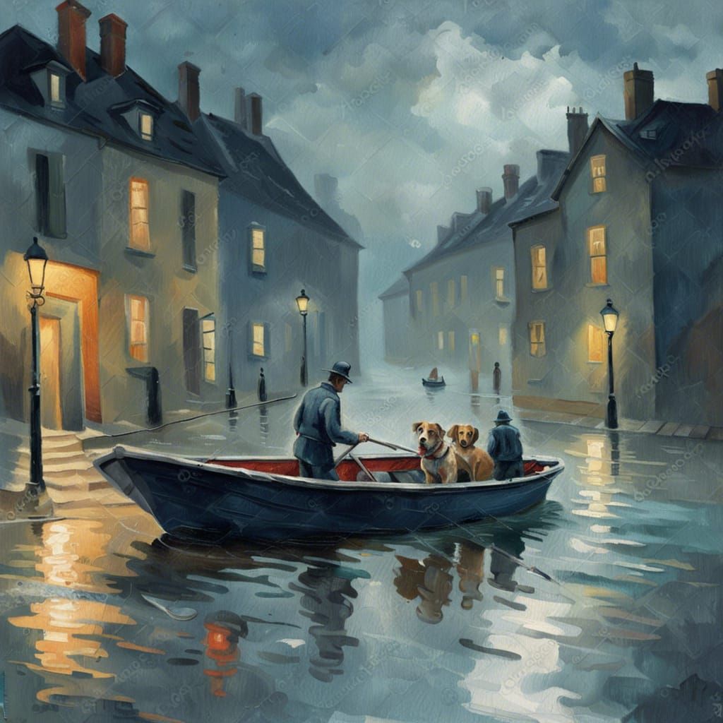 Fireman Rescues Dog in Flooded City, Impressionist Style
