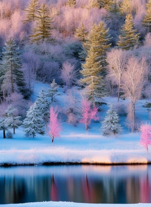 Winter Cabin Scene with Mirrored Reflection