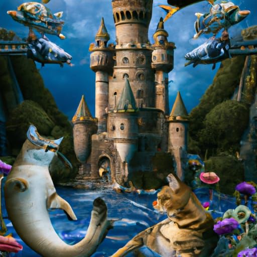 Cats Explore Underwater Medieval Castle in Art Nouveau Style