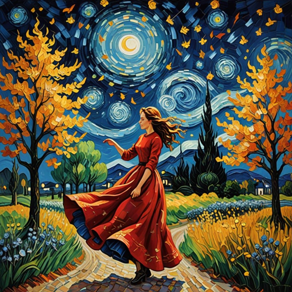 Glowing Red Dancer Under Starry Night Sky in Fauvist Style