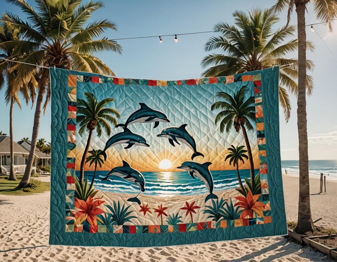 Dolphin Quilt on a Sunny Beach: Cinematic Film Still