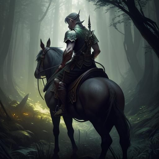 Elf Warrior Rides Through Dark Forest