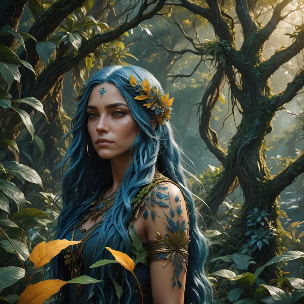 Nature Girl with Blue Hair in Lush Vegetation