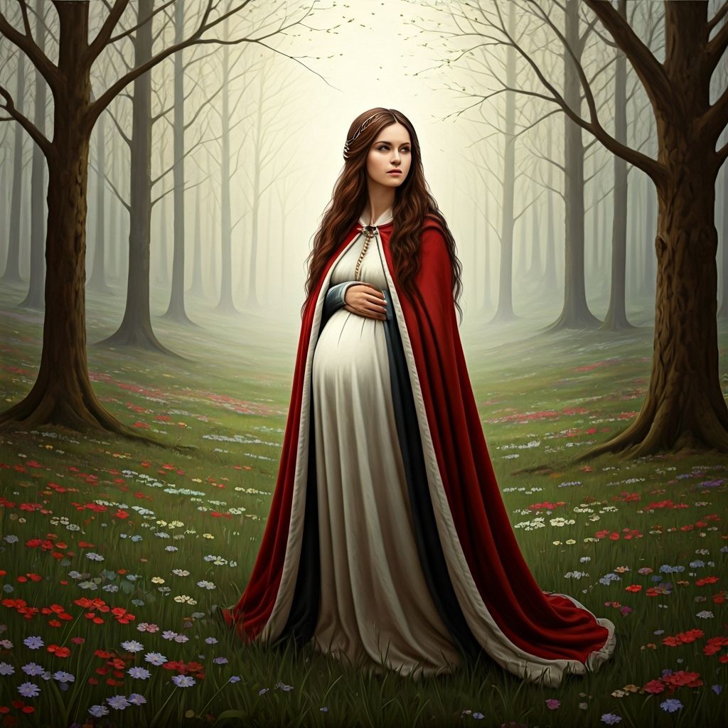 Medieval Woman Walking in Springtime Fog - Oil Painting