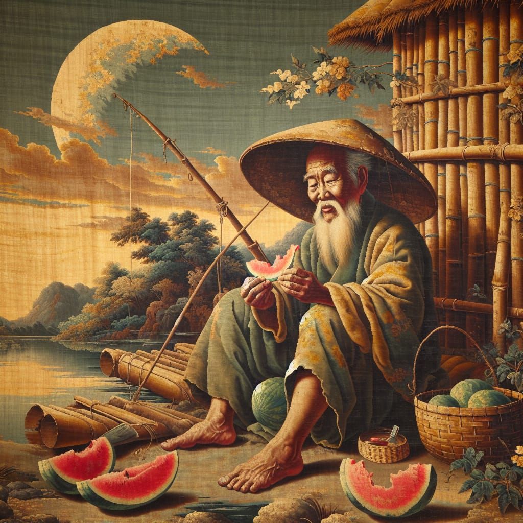 Tapestry of Fisherman Eating Watermelon at Twilight