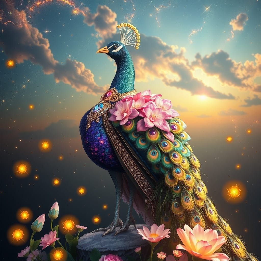 Regal Cosmic Peacock in Celestial Garden