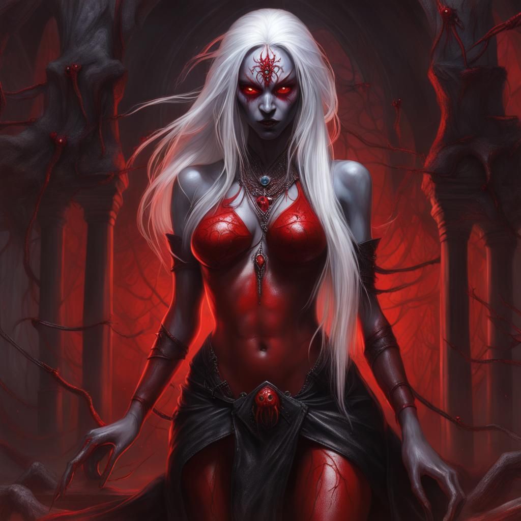 Sinister Drow Priestess in Spider Temple