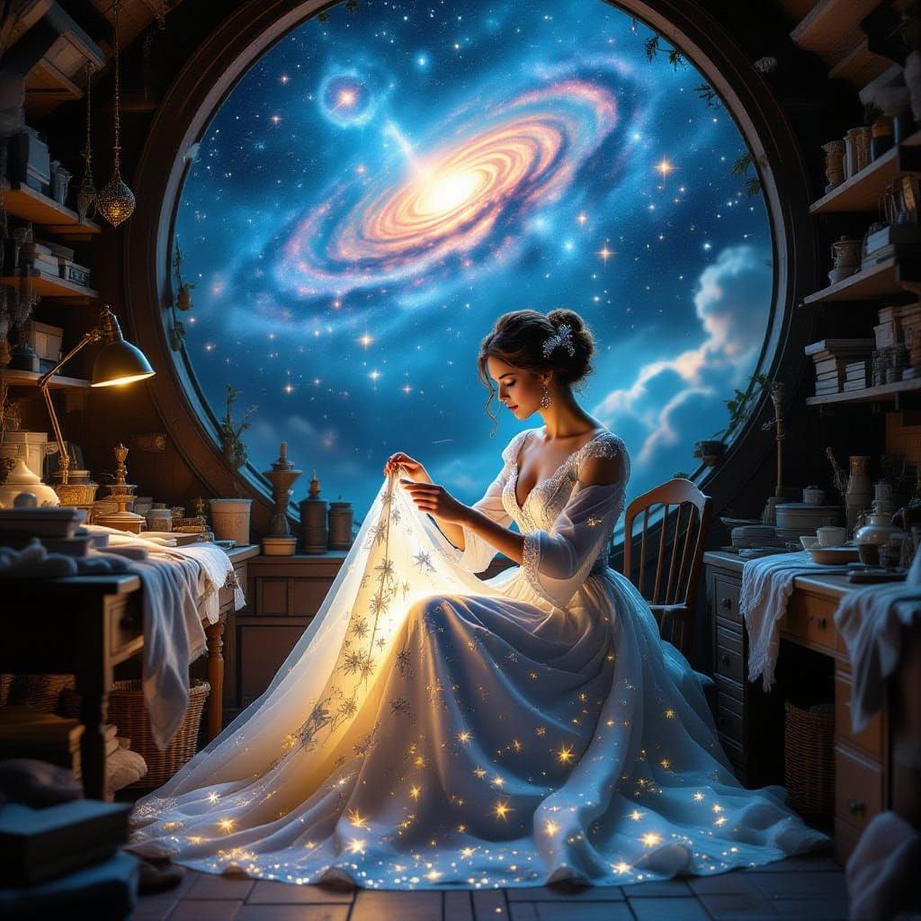 A lone seamstress meticulously stitches a celestial gown und...