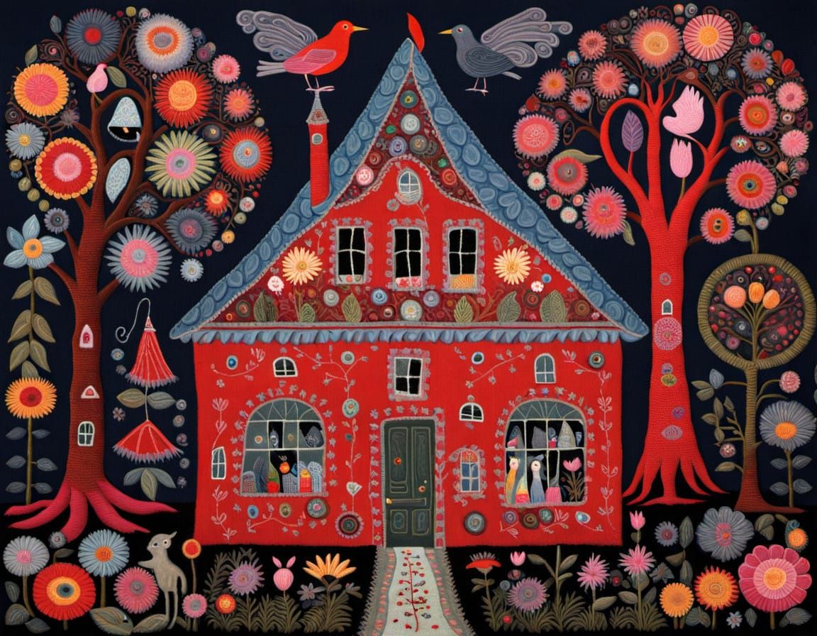 House Embroidery Artwork in Vibrant Textile Style
