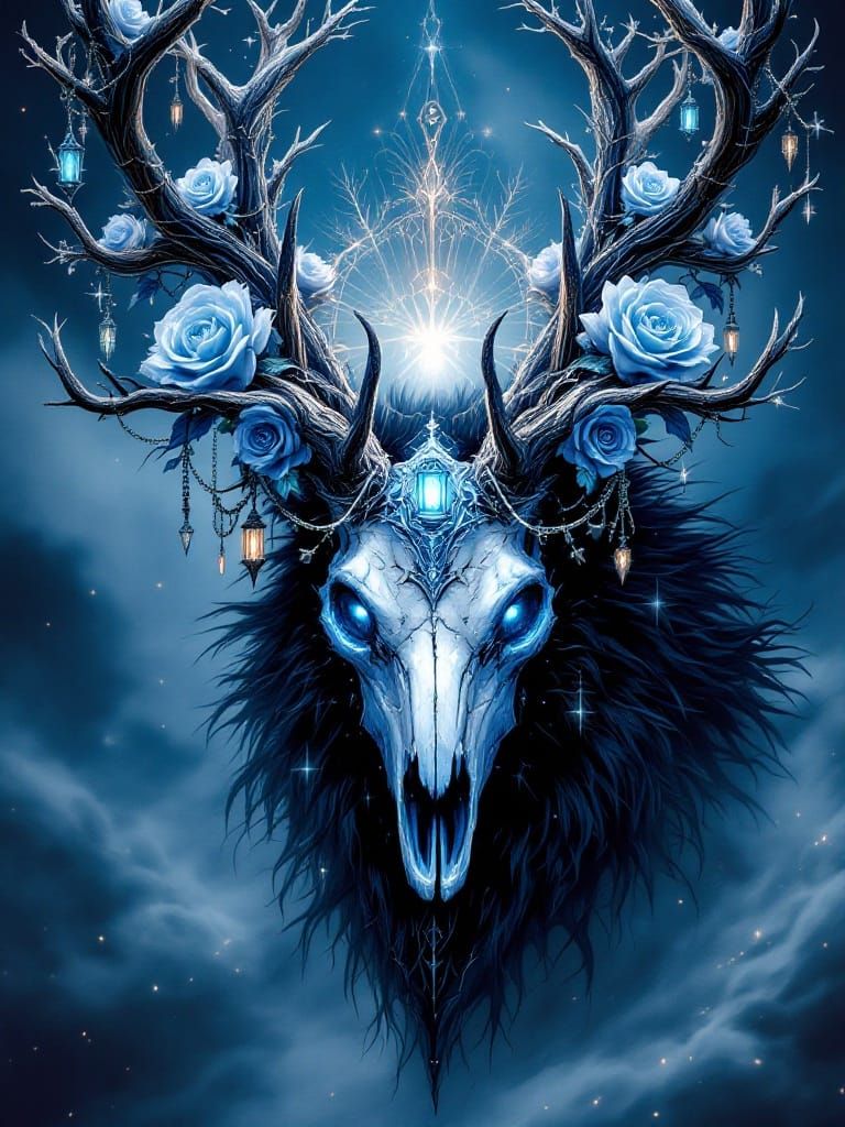 Ethereal Frost Wendigo with Deer Skull Face and Glowing Eyes