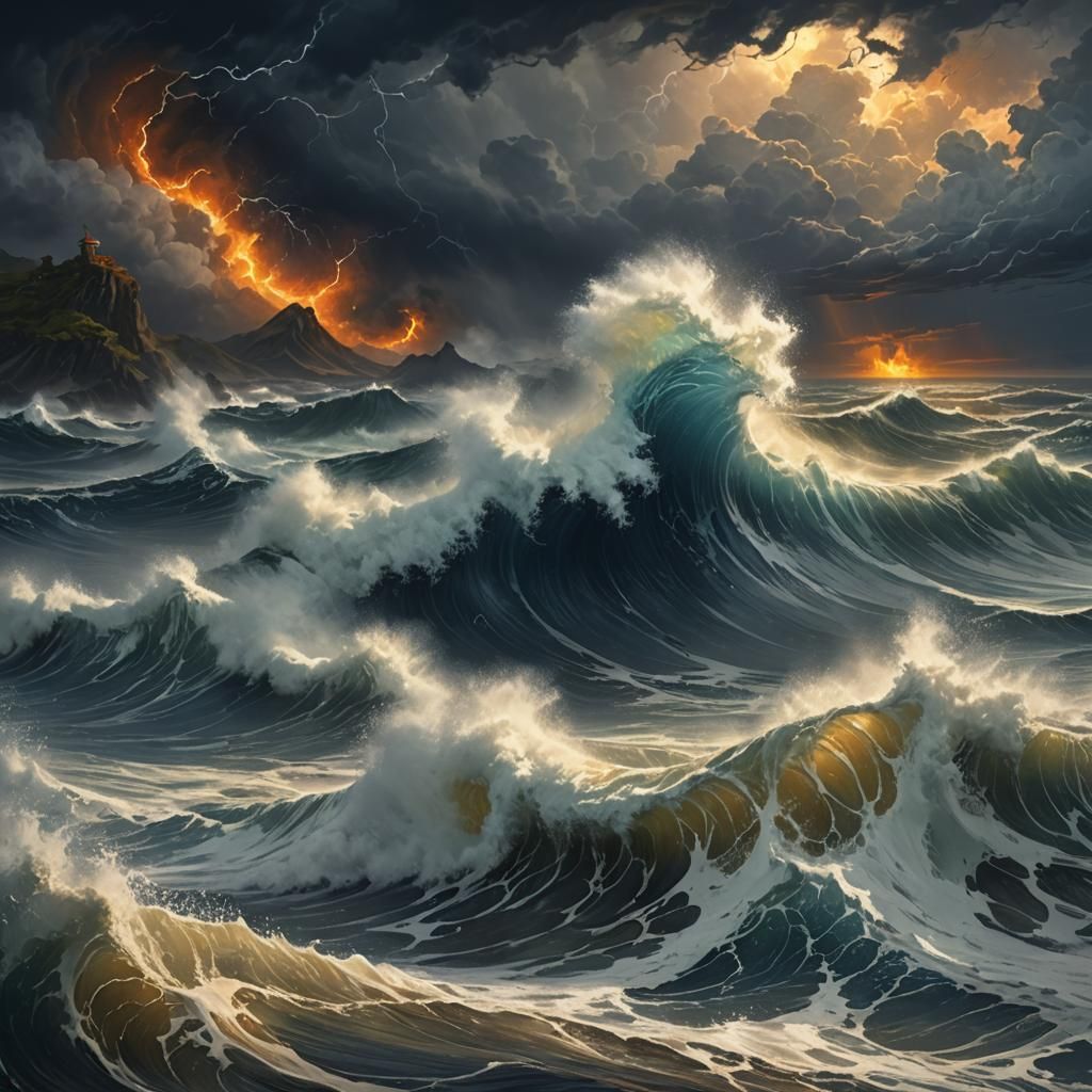 Colossal Wave Crashes Ashore: Epic Fantasy Art